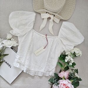 LoveShackFancy Breonna Top White Embroidered Puff Sleeve Blouse NWT Size 10